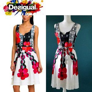 Women's Desigual Midi A-line Dress Floral Black White Pink Christmas Cocktail